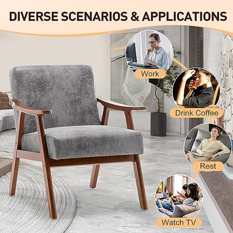 Furnimart Grey Accent Chair, Mid Century Modern Living Room Chair with Wood Frame, Comfy Armchair Wingback Chair for Office Study Vanity Bedroom Waiting Room Furnimart