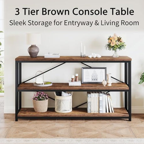 LVB Industrial Console Entryway Table, Metal Wood Rustic Sofa Table with Storage, Farmhouse 3 Tier Shelf Long Hallway Foyer Entry Tables Behind Couch for Home Living Room Entryway, Rustic Brown, 55 In LVB