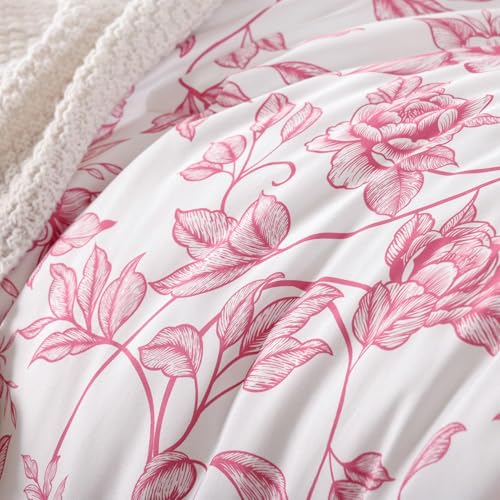 JANZAA Queen Size Comforter Set Pink Comforter Floral Peony Pattern Bedding Sets 3 Piece Flowers Soft Lightweight Warm Breathable 1 Bed Comforter (90"x90") with 2 Pillow Shams(20"x26") JANZAA