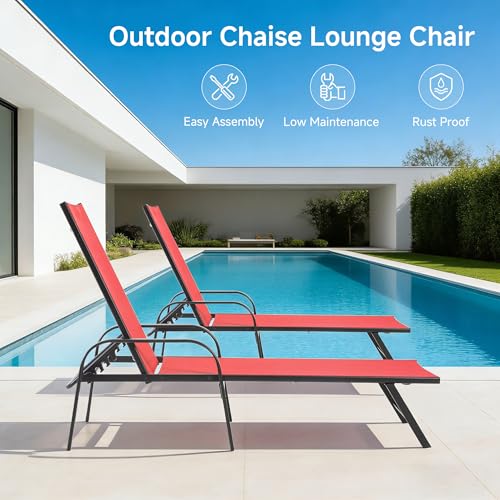 DUMOS Outdoor Lounge Chaise Set of 2 for Poolside Patio, 5-Position Aluminum Chaise with Armrest, Sun Tanning Chair 350 lbs Heavy Duty Patio Pool Chair, Waterproof Lounge for Deck,Backyard, Beach, Red