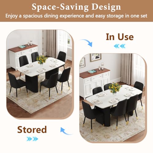 Ebullient White Marble Dining Table Set for 6, 67'' Modern Oval Dining Table and Chairs Set, 7 Piece Kitchen Table Set with 3.5'' Thick Marble-Patterned Top and Matte Black Column Legs Ebullient