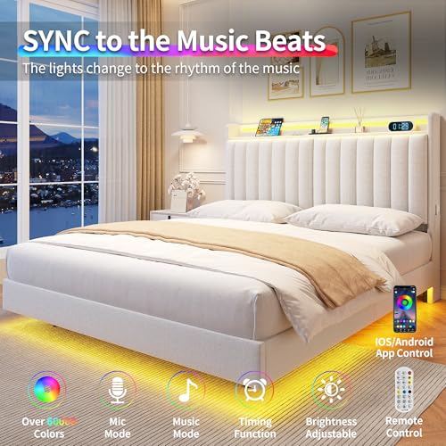 Jocoevol Queen Size Floating Bed Frame with Ergonomic Hidden Storage Headboard and LED Lights, Visual Floating LED Bed Frame with Charing Station, Velvet Upholstered Platform Bed, Heavy Duty, White Jocoevol