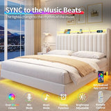 Jocoevol Queen Size Floating Bed Frame with Ergonomic Hidden Storage Headboard and LED Lights, Visual Floating LED Bed Frame with Charing Station, Velvet Upholstered Platform Bed, Heavy Duty, White Jocoevol