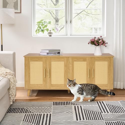 Homhedy Boho Cat Litter Box Enclosure for 2 Cats,Litter Box Furniture Hidden with Double Rattan Decorated Doors,Wooden Cat Washroom Furniture,Cat House,47.2”L x 19.7”W x 21.7”H, Natural Homhedy