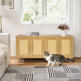 Homhedy Boho Cat Litter Box Enclosure for 2 Cats,Litter Box Furniture Hidden with Double Rattan Decorated Doors,Wooden Cat Washroom Furniture,Cat House,47.2”L x 19.7”W x 21.7”H, Natural Homhedy