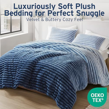Intelligent Design Queen Comforter Set, Plush Bedding, Microfiber Reverse, 3 Piece, Lightweight, Super Soft Ribbed Velvet Comforter 2 Shams, All Season Fluffy Bed Set, Avril, Full/Queen Blue Ombre Intelligent Design