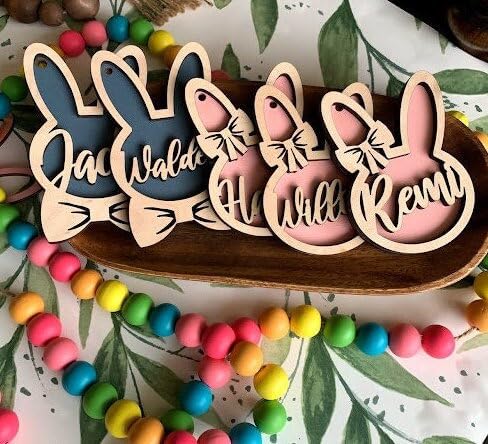 Personalized Bunny Easter Basket Tag Wooden, Custom Easter Place Card Name Easter, Basket Name Charm Kid Easter Basket Child Gift LOGGOL
