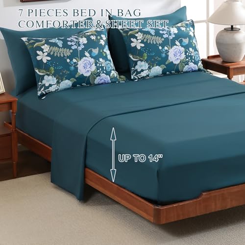 Anibedding 7Pieces Floral King Size Comforter Set, Garden Plant Flower Style Bed in a Bag Blue Bedding Comforter Set with Pillow Case for Bedroom Anibedding