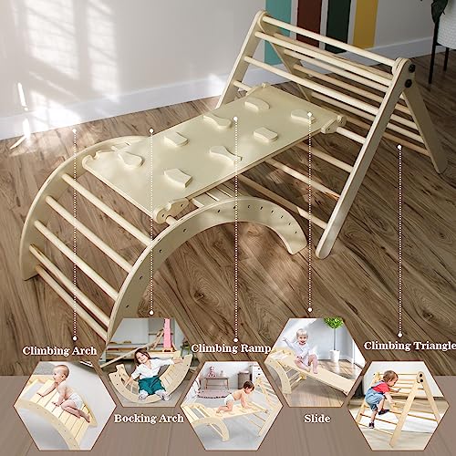 Wooden Climbing Toy for Kids Set - 4 in 1 Triangle Set with Ramp and Arch Climber, Toddlers Foldable Ladder, Safe and Sturdy for Rocking Arch, Climbing Ramp, Climbing Arch, Slide, and Climb Triangle