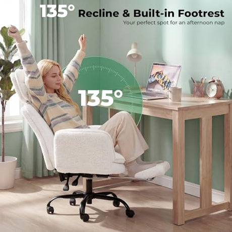 Criss Cross Office Chair with Armrests & Wheels, Comfy Velvet Vanity Chair, Ergonomic Executive Gaming Computer Chairs with Foot Rest, Wide Seat Reclining Desk Chair, White HOMRELEXA