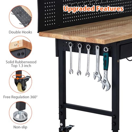 ACONEE 60" Adjustable Workbench with Drawer Storage, Heavy-Duty Worktable with Pegboard & Power Outlet, Solid Steel Frame, 2000LBs Load Capacity Rubber Wood Top Workbench for Garage, Office, Workshop ACONEE