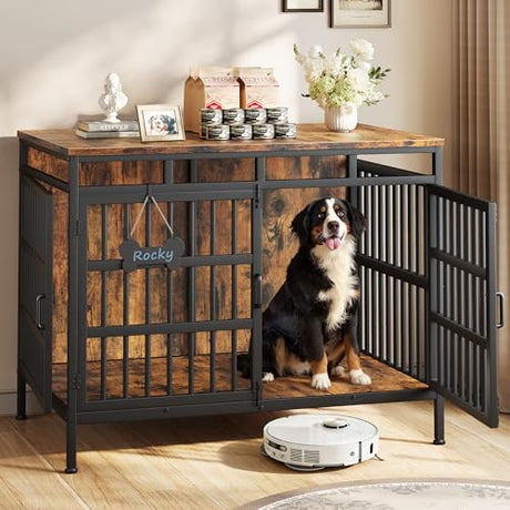 Linvivon 47 Inch Dog Crate Furniture, Heavy Duty Dogs Kennel for Small Medium Large Dogs, Double Doors Indoor Decor Pet House Cage, Anti Escape Wooden Dog Cage with Name Tag End Table, TV Stand, Brown Linvivon