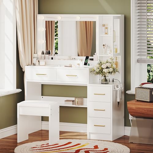 White Vanity Table with Drawer Dresser, Farmhouse Vanity Makeup Desk with Charging Station, Vanity Desk with Lights Mirror & Drawers for Makeup,Vanity Desk with Storage Shelf & 5 Drawers (Gold Handle) UGTOO
