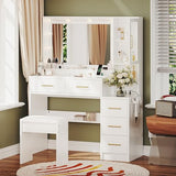 White Vanity Table with Drawer Dresser, Farmhouse Vanity Makeup Desk with Charging Station, Vanity Desk with Lights Mirror & Drawers for Makeup,Vanity Desk with Storage Shelf & 5 Drawers (Gold Handle) UGTOO