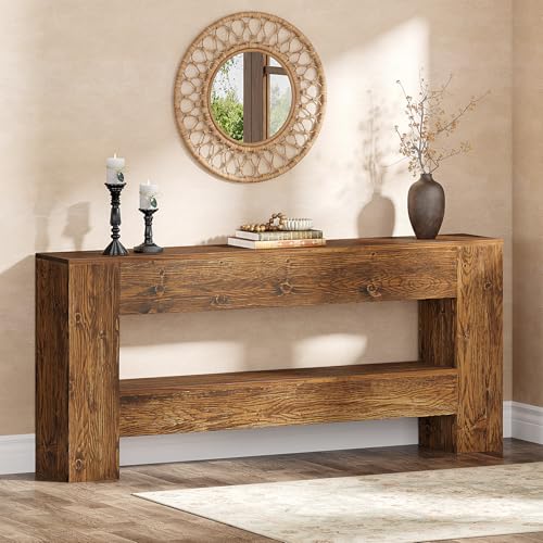 TRIBEWOOD Solid Wood Console Table, 63-Inch Farmhouse Entryway Table with 2-Tier Storage Shelf, Rustic Wooden Narrow Long Sofa Table Behind Couch for Entryway, Hallway, Foyer, Living Room, Brown TRIBEWOOD