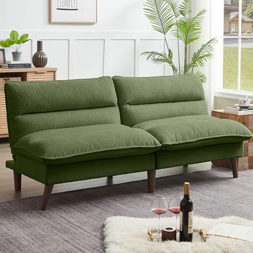 Chireca 72" Futon Sofa Bed, Convertible Futon Couch with Adjustable Backrest, Modern Corduroy Sleeper Sofa for Small Spaces, Living Room, Office, Green Chireca