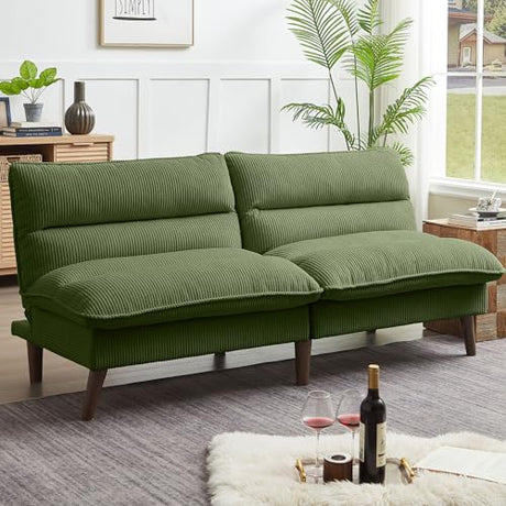 Chireca 72" Futon Sofa Bed, Convertible Futon Couch with Adjustable Backrest, Modern Corduroy Sleeper Sofa for Small Spaces, Living Room, Office, Green Chireca