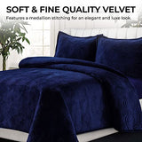 Tribeca Living Oversized Velvet Quilt Set Queen - Buttery Soft 260GSM Velvet Bedding for Luxurious Comfort - Double-Sided Capri Medallion Quilted Design in Rich Navy Blue Tribeca Living