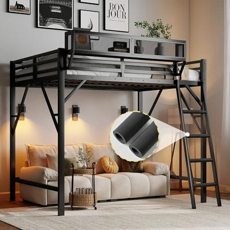 Full Size Loft Bed with Storage Shelves & Soft Foam Ladder, Metal High Loft Bed with Large Under-Bed Space & Guardrail, Heavy-Duty Modern Beds for Adults Teens and Kids, No Box Spring Needed, Black Aurnienofus