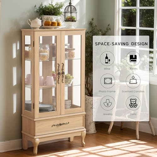 KavlSean 52" H Lighted Display Cabinet, Curio Display Case with 3-Tier Adjustable Shelves, Curio Cabinet with Tempered Glass Doors and Light Bulb, Rack for Living Room Storage (Light Oak) KavlSean