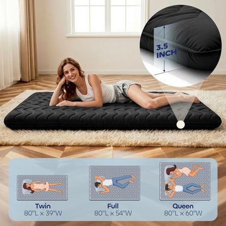 COZYFUZY Japanese Floor Mattress Futon - 3.5" Extra Firm Foldable Tatami Mat, 5-Layer Support with High-Density Foam Portable Floor Bed for Guest, Dorm, Kids Room & Camping Black Twin COZYFUZY