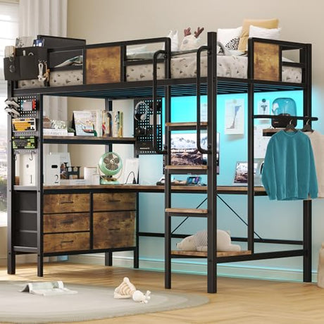 BYSAUD Loft Bed with Desk, Bunk Bed with Desk,Twin Loft Beds with L-Shaped Desk and Storage, loft Bed Twin Size with LED Lights & Charging Station, 5 Drawer&2 Pegboards, Safety Guard Ladder, Brown BYSAUD