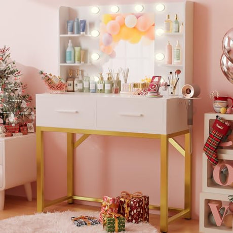 Furmax Vanity Desk with Mirror and LED Light Bulb, Small Makeup Vanity Table with Drawers, Dressing Table with Power Outlet and Hair Drayer Holder for Bedroom (White & Gold) Furmax