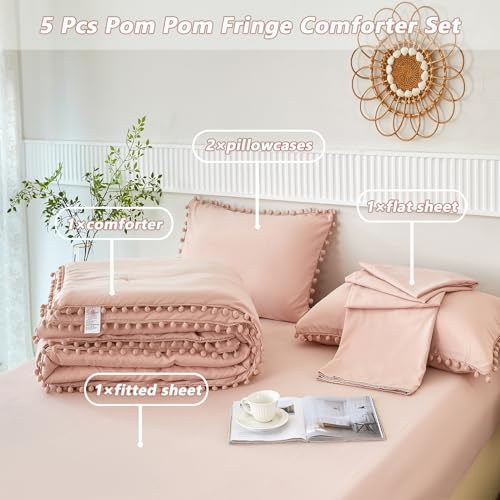 PERFEMET Blush Twin Bed in A Bag for Girls 5 Pcs Boho Pom Pom Bed Comforter Set with Sheets Soft Lightweight Pink Plain Bedding for Kids Teens(Blush, Twin) PERFEMET