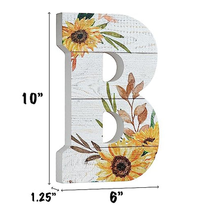 COLLECTIVE HOME - 10" Wood Lettes for Wall Decor, Sunflower Tabletop Alphabet Decoration, DIY Farmhouse Decor, Rustic Freestanding Monogram Block (B)