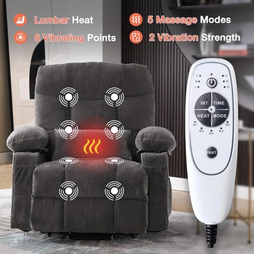 Ultra Wide Power Lift Recliner Chair for Elderly,Rotating Lounge Chair with Hot Massage Heating and Auxiliary Standing Function,Oversized Lazyboy Single Sofa with Cup Holder for Living Room (Grey) Anwick