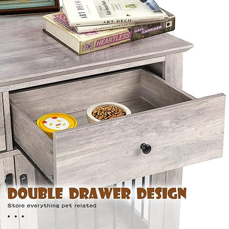 LEMBERI 44 Inch Large Dog Crate Furniture with 2 Storage Drawers, Wooden Dog Kennel Furniture as End Table, Decorative Pet Cage Dog House Indoor for Dogs LEMBERI
