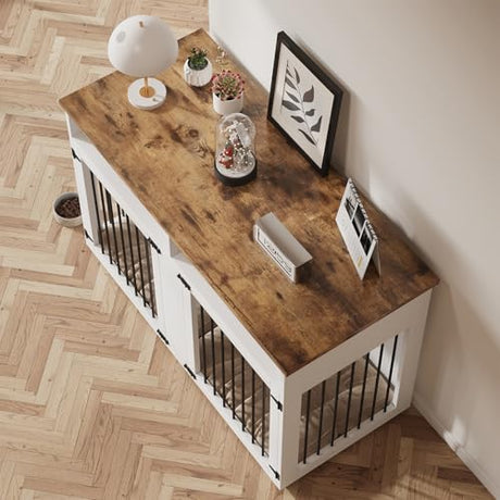 55'' Dog Crate Furniture for 2 Dogs, Wooden Dog Cage with Storage Compartment, Indoor Dog Kennel with 2 Doors for Large/Medium Dogs, White REVOMINCA
