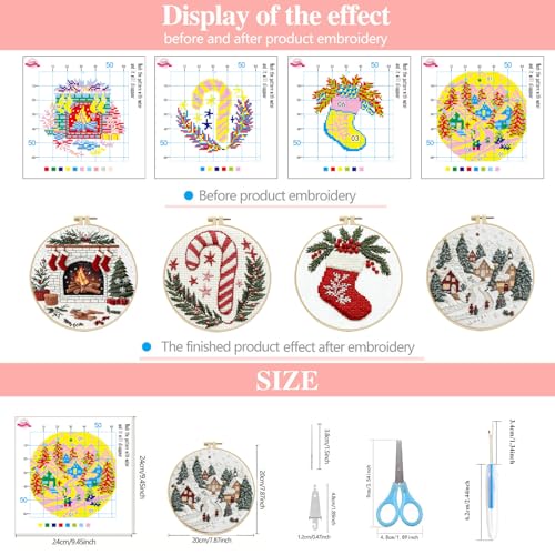 Zhenqing 11 Count Stamped Cross Stitch Kits for Adults Beginners, Hand Embroidery Christmas Ornaments kit with Instructions Embroidery Hoops,Christmas Stocking-Four-Piece Set(68446)