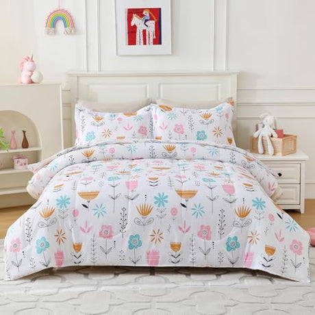 Full Size Comforter Sets for Girls Kids Floral Bedding Set Cute Flower Bed Sets with 2 Pillowcases 3 Pieces in A Bag Children Bedroom Decor Soft Lightweight for All Season Durable Machine Washable CIMVI