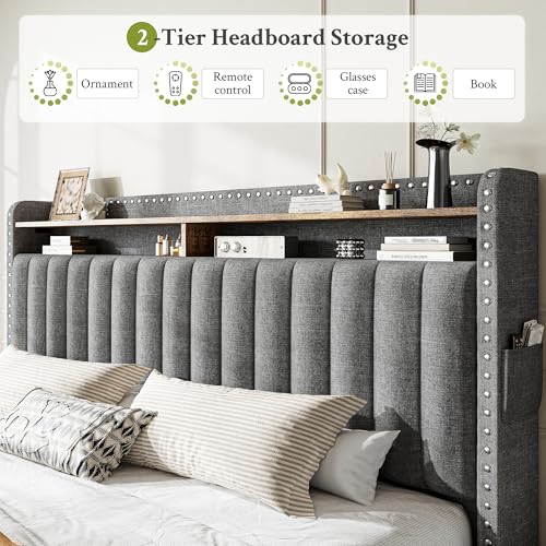 EnHomee King Size Bed Frame with 2 Metal Storage Drawers, Vertical Tufted Upholstered King Platform Bed with Headboard Shelf, 1000lbs Heavy Duty, No Box Spring Needed,Easy Assembly,Grey EnHomee
