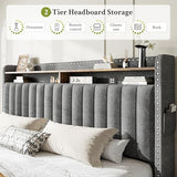 EnHomee King Size Bed Frame with 2 Metal Storage Drawers, Vertical Tufted Upholstered King Platform Bed with Headboard Shelf, 1000lbs Heavy Duty, No Box Spring Needed,Easy Assembly,Grey EnHomee