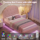 Decofy Cookie Twin Upholstered Bed Frame with LED Lights, Floating Bed Frames with Adjustable Headboard and Raised Footboard for Princess/Prince Bedroom, Teddy Velvet（Pink） Decofy