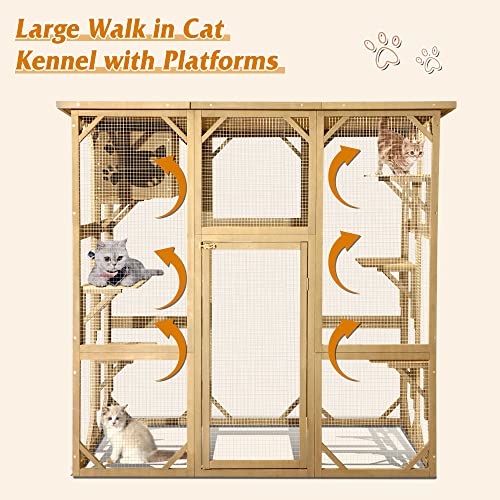 Grepatio Cat Enclosure Large Outdoor Catio Wooden Cat House with Weatherproof, Cat Cage Condo Indoor Playpen with Platform and Small House (Natural) Grepatio