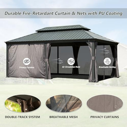 Domi 12x18FT Hardtop Gazebo, Aluminum Outdoor Gazebo with Galvanized Steel Double Roof Canopy, Drainage Gutters, Curtain and Netting, Metal Gazebo Pavilion for Party, Wedding, Dining