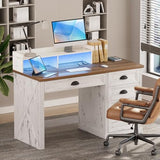 Lareth Computer Desk with Monitor Stand, 47 in Farmhouse Home Office Desk with LED Lights Power Outlets, Executive Desk with Storage for Working Gaming, Study Writing Table for Bedroom, Antique White Lareth