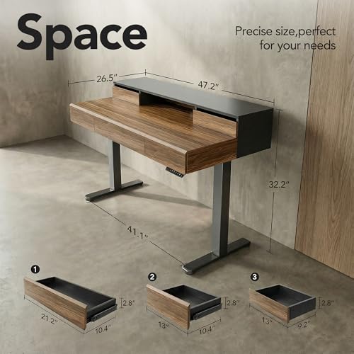 ErGear Electric Standing Desk with 5 Solid Wood Drawers, 48 x 26 Inches Whole Piece Desktop, with Desktop Riser Stand, Compatible with C-Clamp Monitor Arms, Modern Office Desk, Dark Walnut ErGear