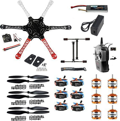 QWinOut F550 Airframe RC Hexacopter Drone Kit DIY PNF Unassembly Combo Set with Kkmulticopter Flight Controller for Beginners (with Battery and Remote Controller) QWinOut