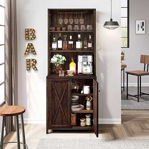 YITAHOME Bar Wine Cooler, 67" Tall Kitchen Storage Cabinet with Wine Rack, Open Storage Shelves, Farmhouse Kitchen Storage Cabinet with Wooden Doors for Living Room, Living Room, Brown - WoodArtSupply