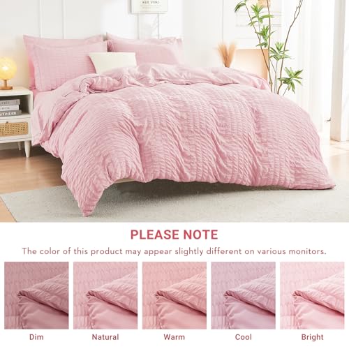 HYMOKEGE Pink Queen Comforter Set Seersucker 7 Pieces, All Season Luxury Bed in a Bag for Bedroom, Bedding Set with Comforters, Sheets, Pillowcases & Shams HYMOKEGE