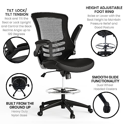 Flash Furniture Kelista Mid-Back Swivel Office Chair with Adjustable LeatherSoft Seat Height, Ergonomic Mesh Chair with Flip-Up Arms, Black Flash Furniture