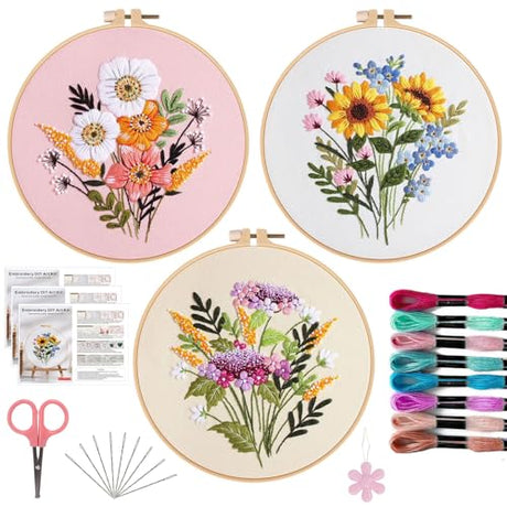 Offizon 3 PCS Embroidery Kit for Beginners - Cross Stitch DIY Craft Set, Flower Embroidery Accessories & Hoop Included, Hand Embroidery Kit for Adults Stitching Sewing Kit Gift | FlowerB Patterns Offizon