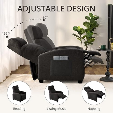 zzlay Recliner Chair for Living Room, Modern Adjustable Home Theater Seating Single Sofa Manual Push Back Armchair with Soft Linen Upholstery & High Backrest for Small Spaces, Linen-Black zzlay
