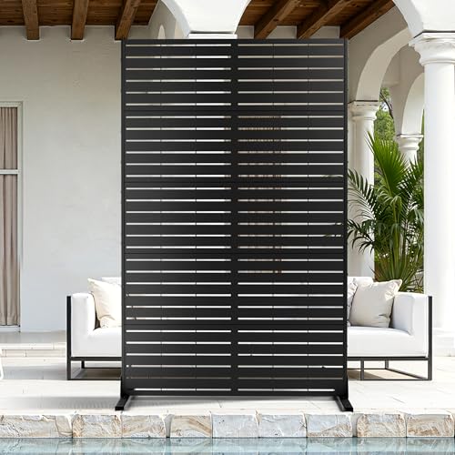 Metal Privacy Screen Outdoor, Freestanding Balcony Privacy Fence Panel for Patio, AC Unit Cover, Decorative Outdoor Room Divider (71", Black Louvered, 5 Panels) PolarcoForgeco