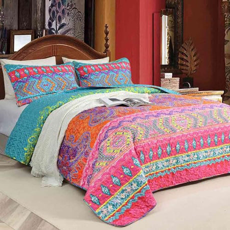 Nanko Quilt Set Queen Full Size 3 Pcs, Boho Red & Green Colorful Vintage Striped Bedspreads, Soft Lightweight Coverlet Bed Spreads, Bohemian Thin Quilted Comforter Bedding Sets for Women Men, 90x90 Nanko