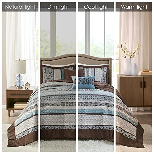 Madison Park Princeton Reversible Quilted Bedspread Set, Solid Reverse Summer Breathable, Lightweight All Season Bedding Layer, Matching Shams, Bedspread King(120"x118"), Blue 5 Piece Madison Park